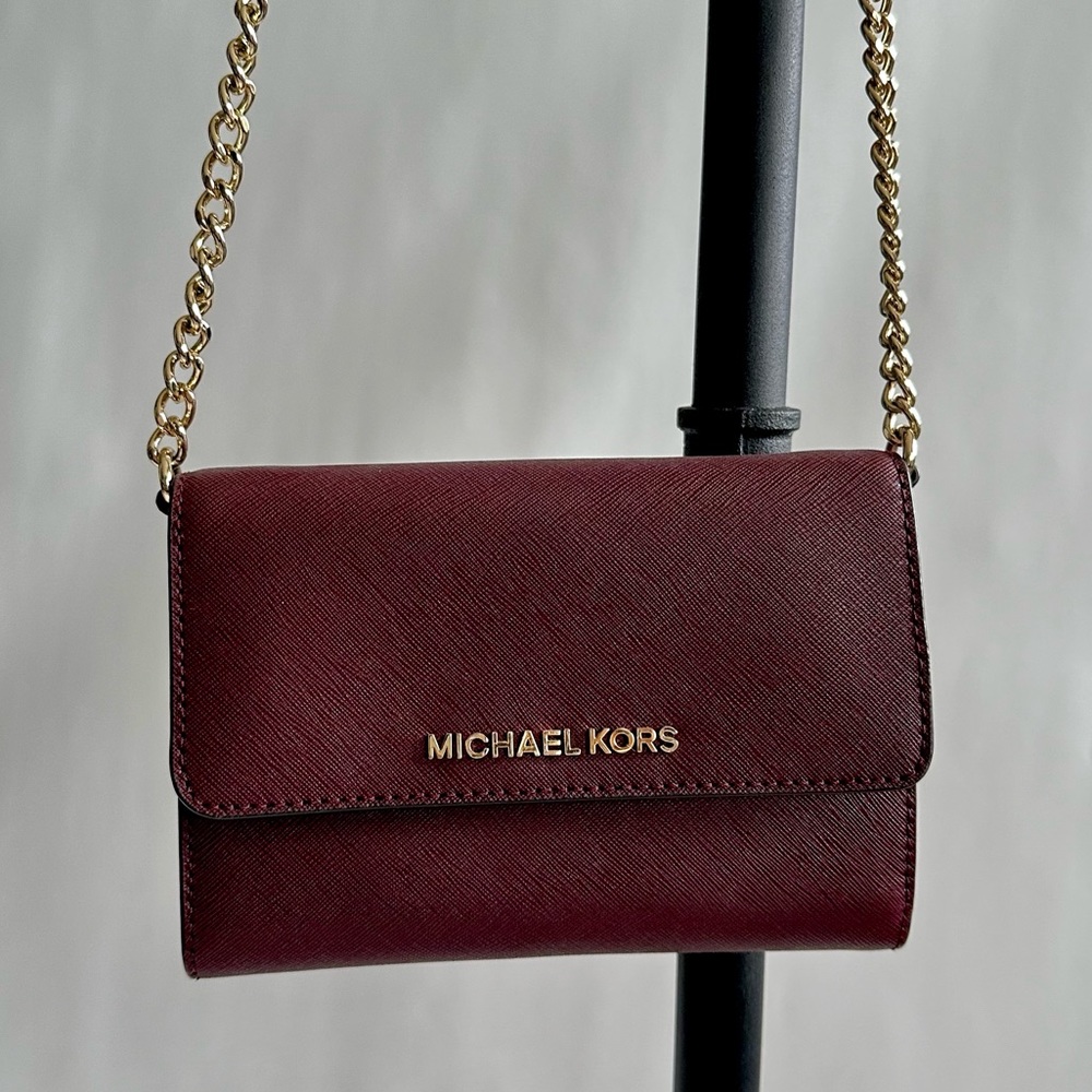 Michael Kors Burgandy Saffiano Leather Wallet Chain Mini Crossbody